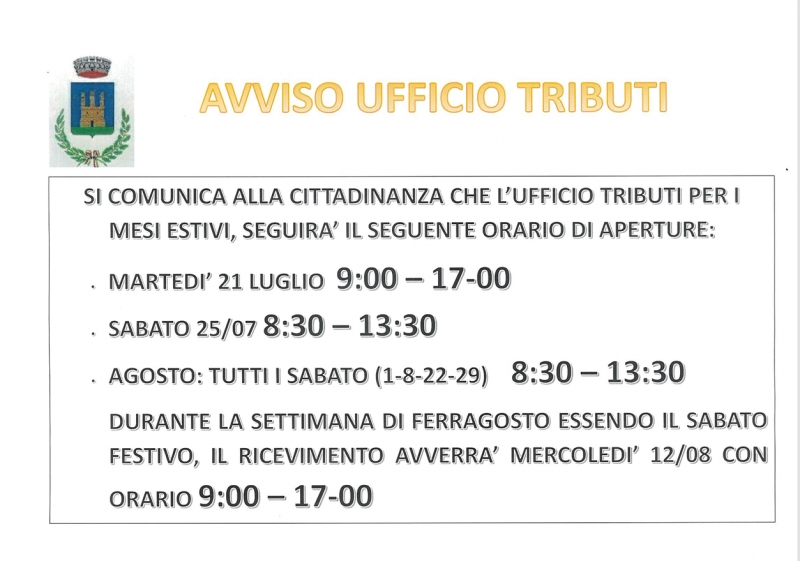 AVVISO ORARIO UFFICIO TRIBUTI LUGLIO E AGOSTO