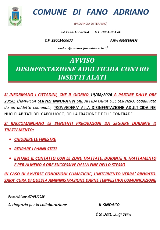 AVVISO DISIMFESTAZIONE ADULTICIDA CONTRO INSETTI ALATI